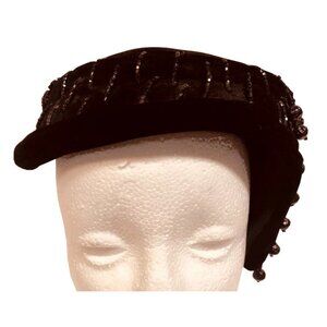 Small Black Velvet Beaded Hat Beaded Dangle in the Back